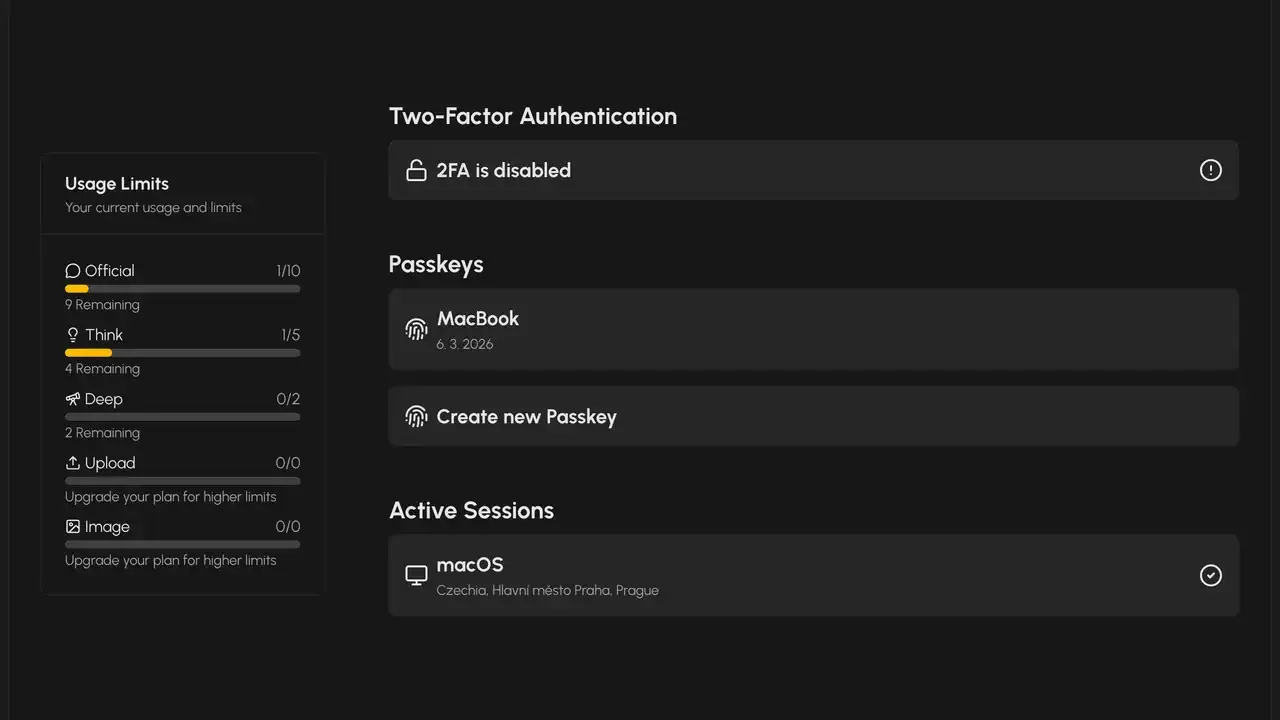 Account security settings page with 2FA and passkey options