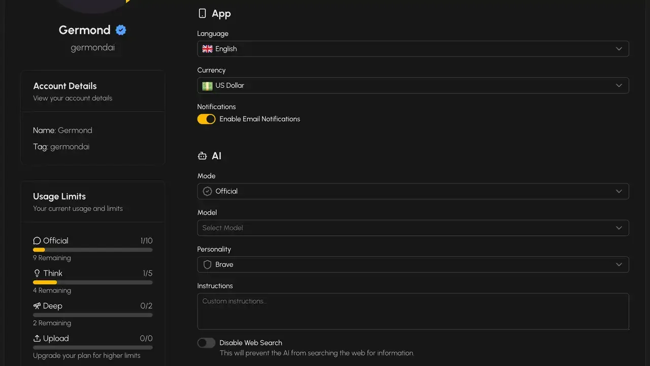 Account settings page with profile customization options