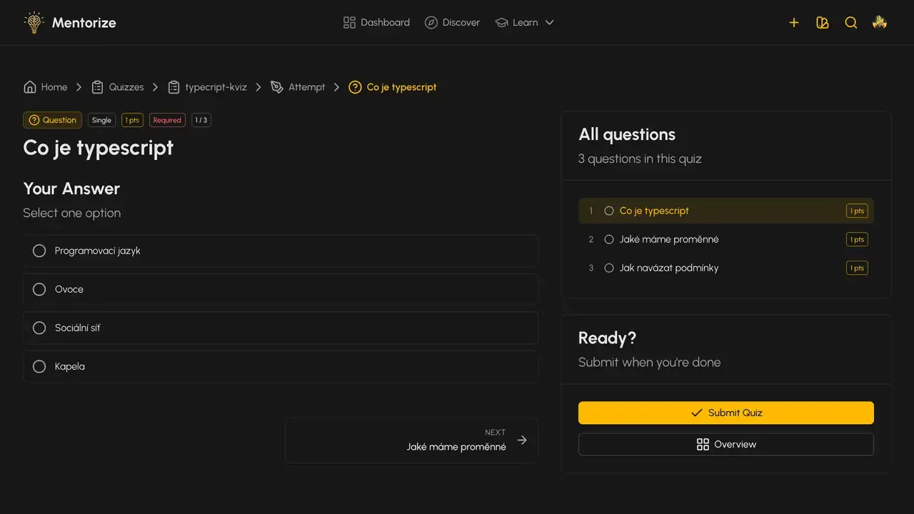 Quiz attempt screen showing interactive questions and answer options