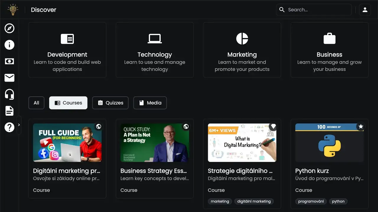 Old Mentorize discover page showing course catalog browsing