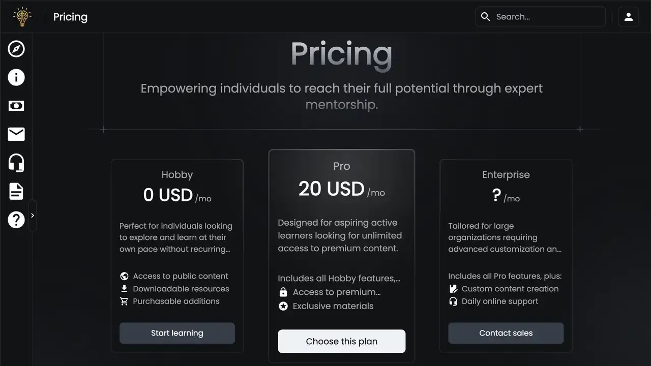 Legacy Mentorize pricing page showing early plan structures